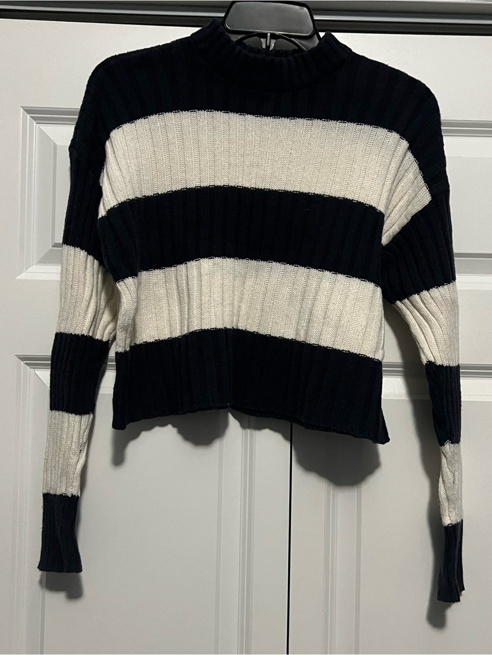 American Eagle Navy & White Oversized Stripe Cropped Sweater
